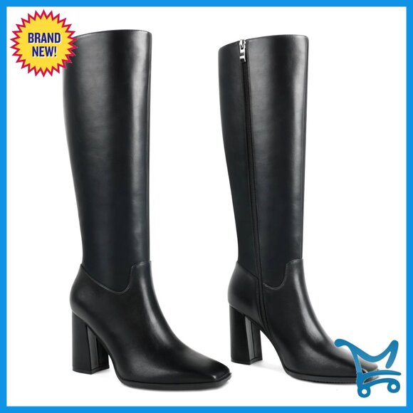 Shoes - Square Toe Knee High Boots with Chunky Heel, Faux Leather, Zip Closure
